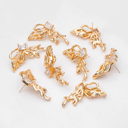 4pcs Gold Filigree Wing Earring with Loop, Dianty Butterfly Earring Studs, CZ Pave Jewelry Supplies (GB-3131)