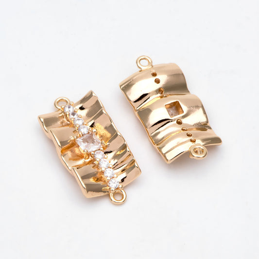 4pcs Gold plated Brass Curved Rectangle Link Charms, CZ Pave Connector Pendants (GB-3135)