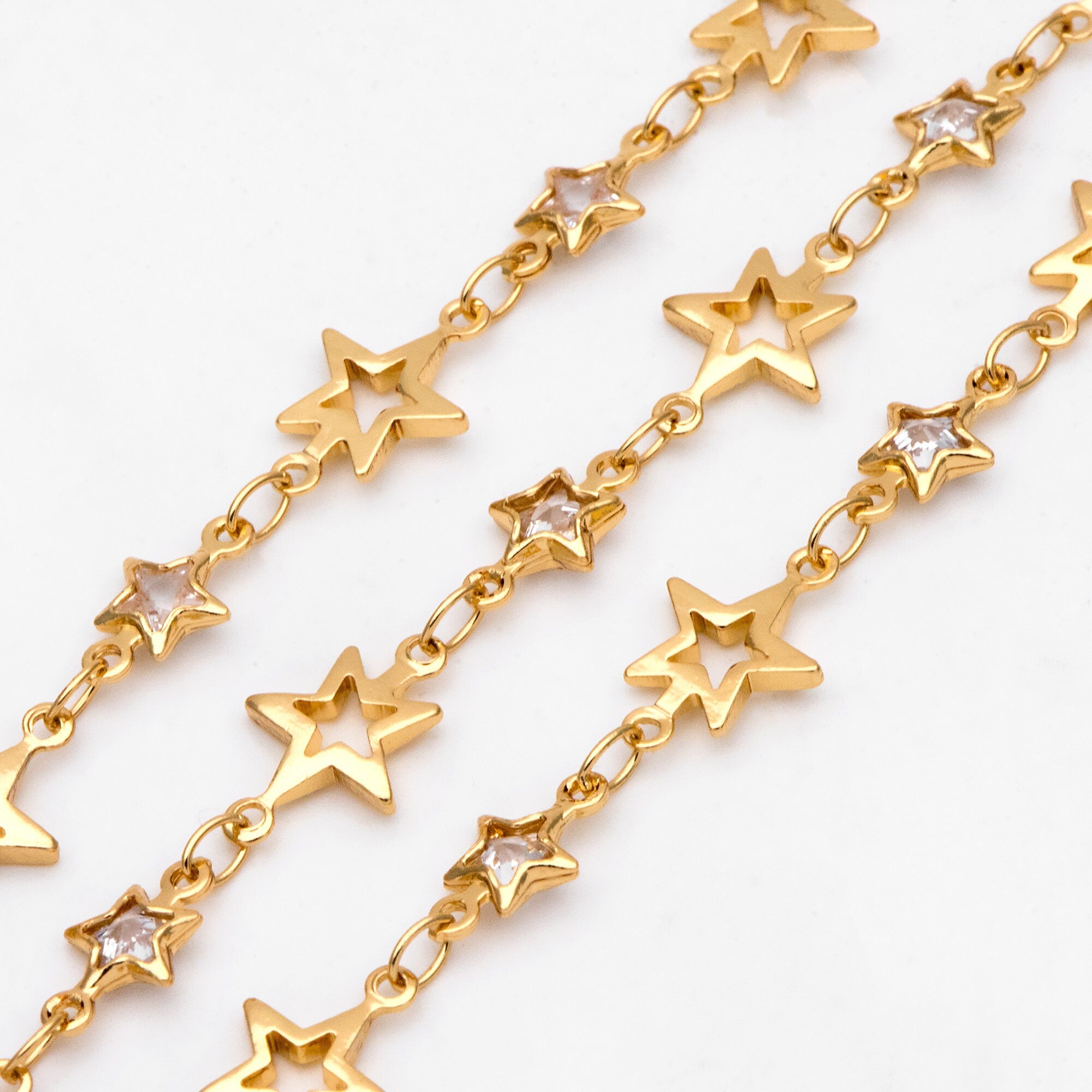 Gold Cubic Zircon Chain, CZ pave Star Chain, 18K Real Gold plated Brass Chain (#LK-562)/ 1 Meter=3.3ft