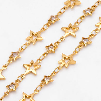 Gold Cubic Zircon Chain, CZ pave Star Chain, 18K Real Gold plated Brass Chain (#LK-562)/ 1 Meter=3.3ft