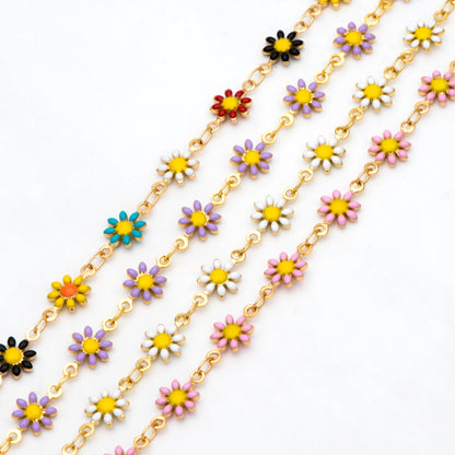 Enamel Flower Chain, Daisy Chain, Gold Plated Brass Designer Chain 7.5mm, Floral Link Chain Findings (#LK-578)/ 1 Meter=3.3ft