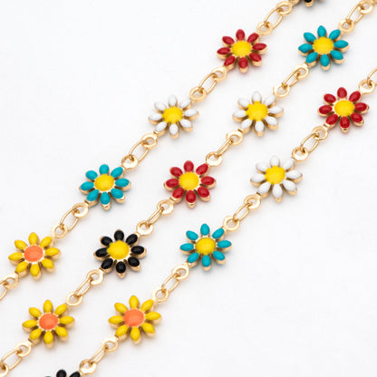 Enamel Flower Chain, Daisy Chain, Gold Plated Brass Designer Chain 7.5mm, Floral Link Chain Findings (#LK-578)/ 1 Meter=3.3ft