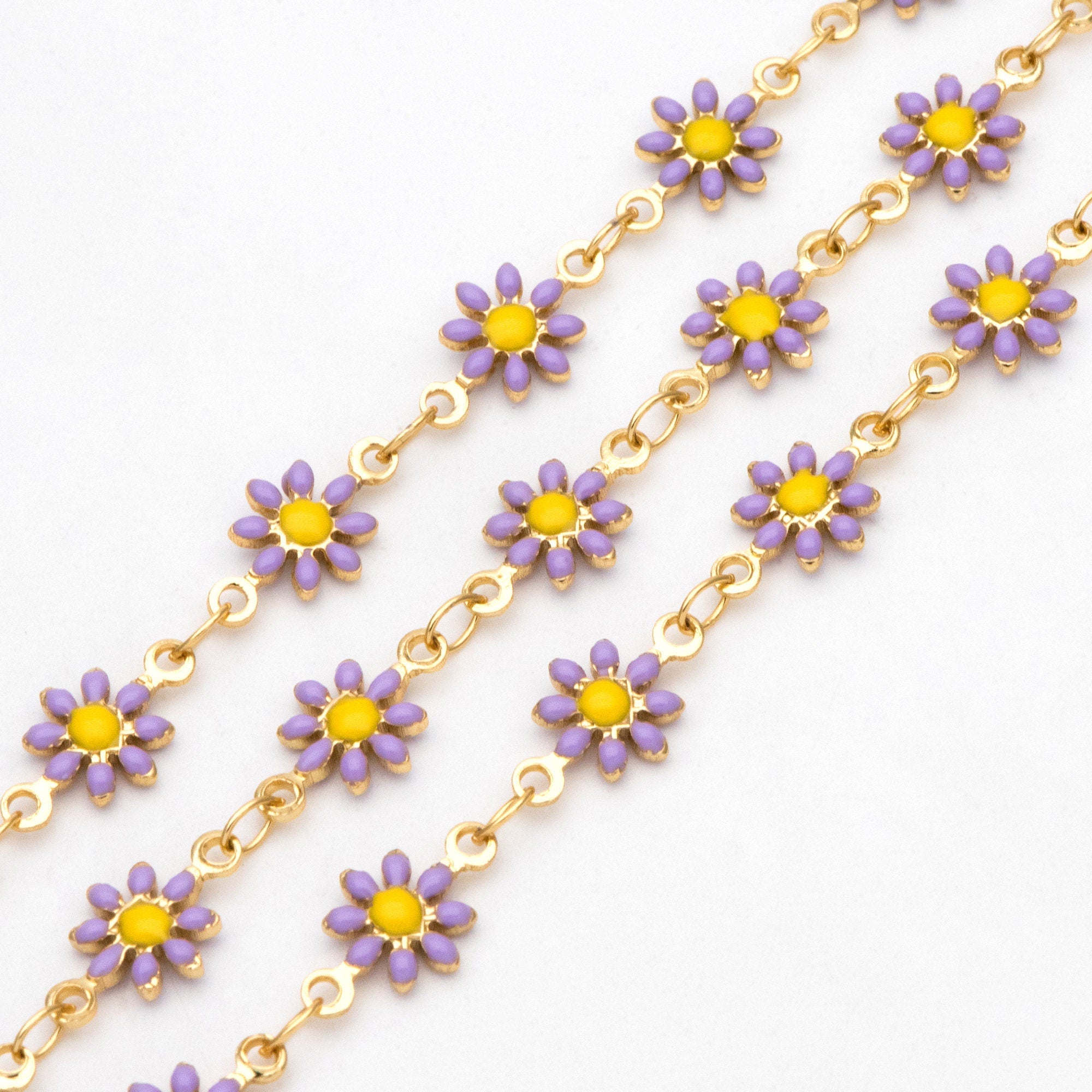 Enamel Flower Chain, Daisy Chain, Gold Plated Brass Designer Chain 7.5mm, Floral Link Chain Findings (#LK-578)/ 1 Meter=3.3ft