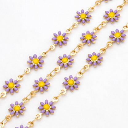 Enamel Flower Chain, Daisy Chain, Gold Plated Brass Designer Chain 7.5mm, Floral Link Chain Findings (#LK-578)/ 1 Meter=3.3ft