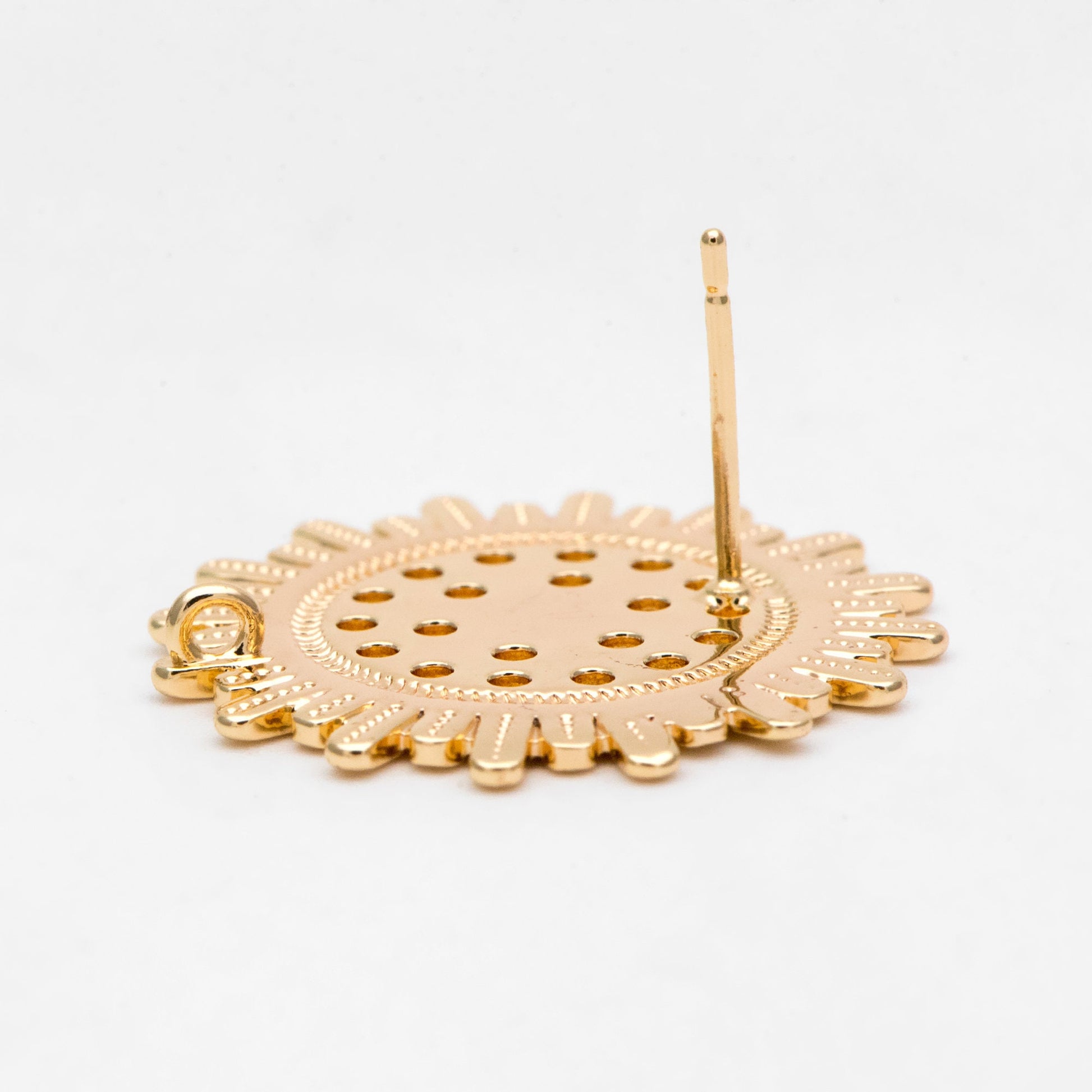 4pcs Gold Sun Earring with Loop, 25mm, Real Gold Plated Brass, Flower Stud Earrings (#GB-3166)