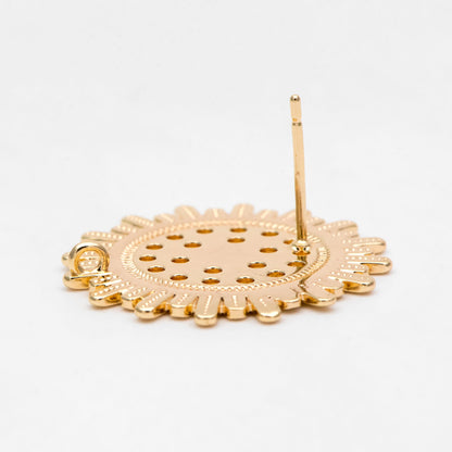 4pcs Gold Sun Earring with Loop, 25mm, Real Gold Plated Brass, Flower Stud Earrings (#GB-3166)