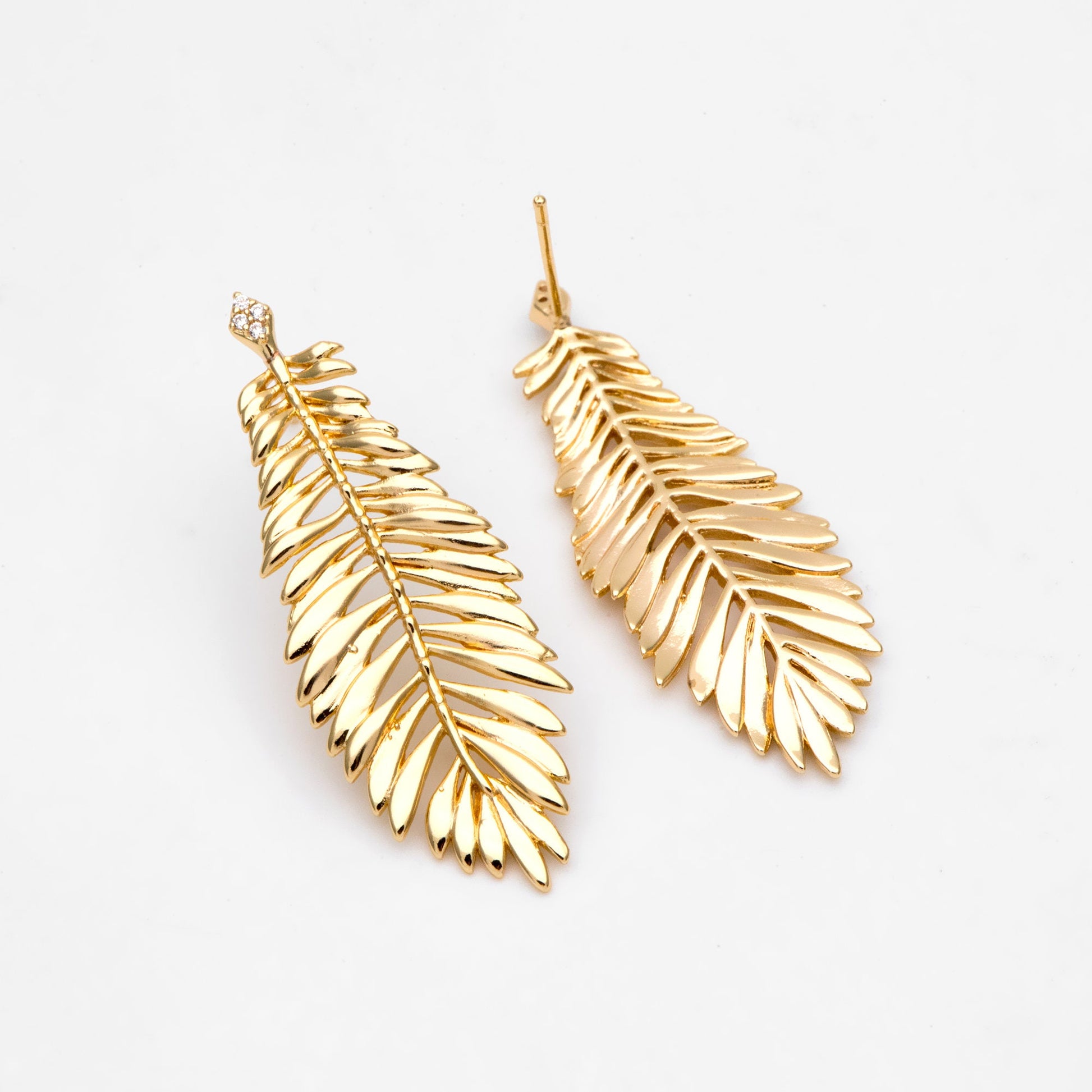 4pcs CZ pave Gold Leaf Ear Posts, Dainty Feather Earrings, Jewelry Making, Diy Material, Jewelry Supplies (GB-3172)