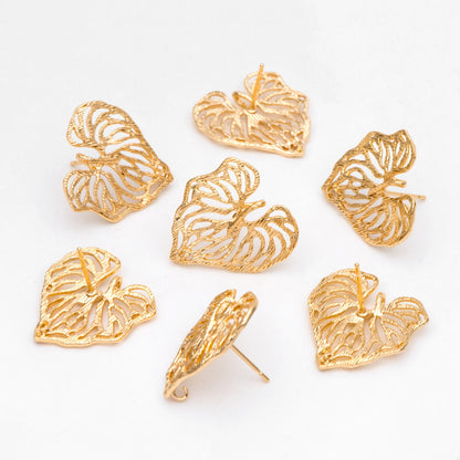 10pcs Gold Heart Leaf Earring, Filigree Earring, Earring Supplies (GB-3174)