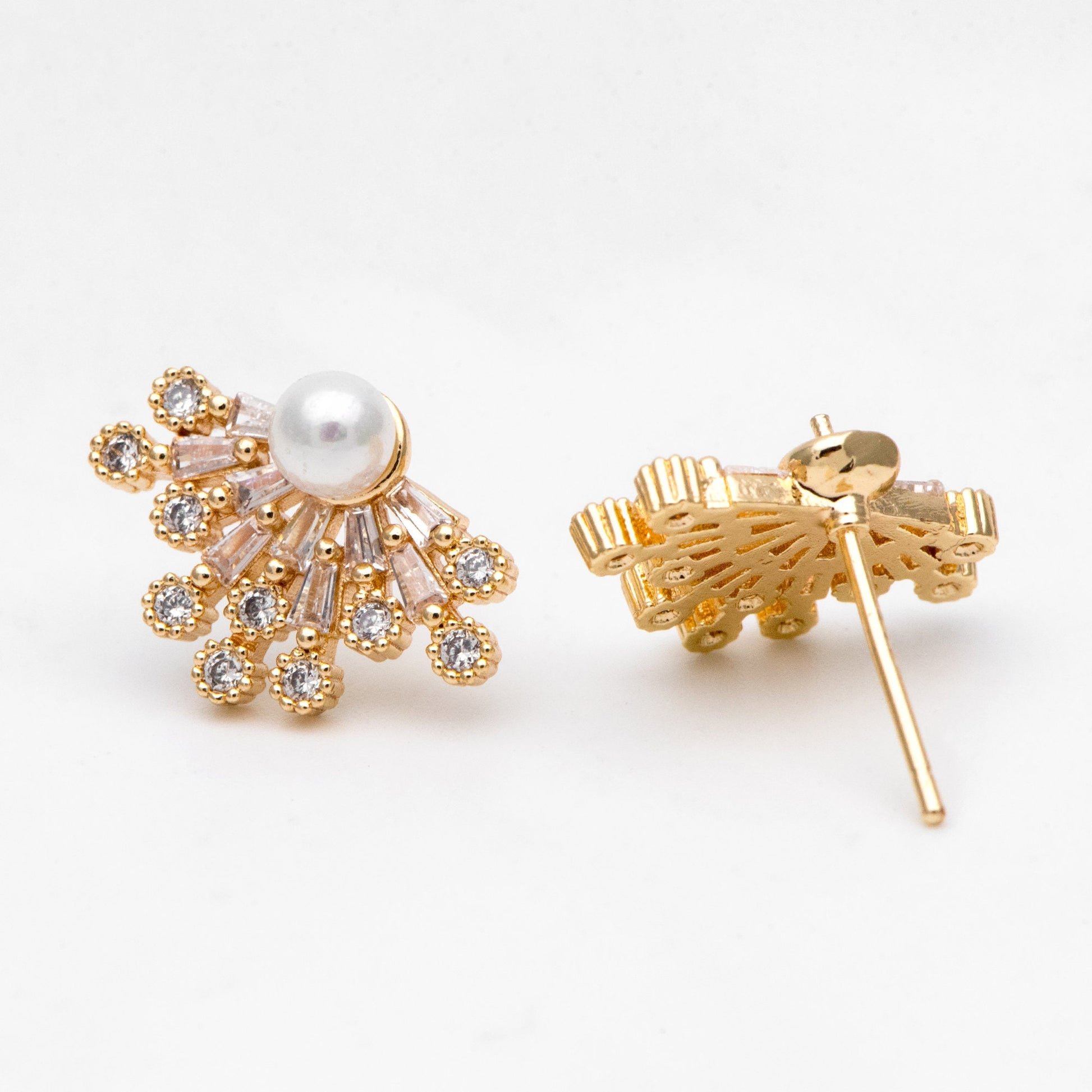 4pcs Gold CZ Pave Flower Earring 17x12mm, Pearl Peg Earring Mounts,Half Drilled Pearl Post Earring Settings (#GB-3148)