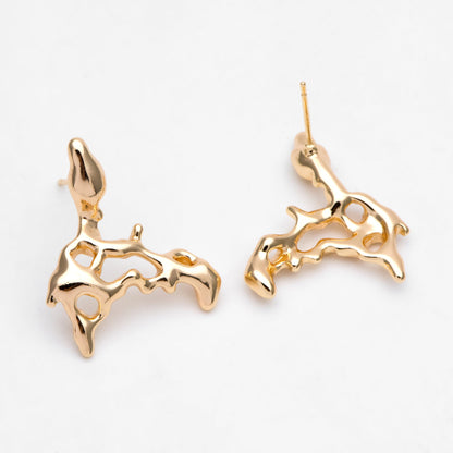 10pcs Gold Melting Irregular Ear Posts, 18K Gold plated Brass, Melting Earrings (GB-3150)