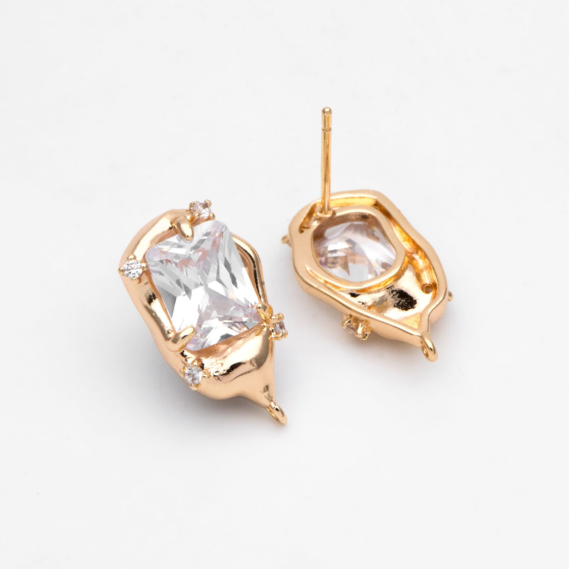 4pcs Gold Irregularity Stud Earrings, CZ Pave Ear Posts 19x11mm, Gold plated Brass Earring Findings (GB-3152)