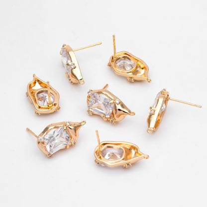 4pcs Gold Irregularity Stud Earrings, CZ Pave Ear Posts 19x11mm, Gold plated Brass Earring Findings (GB-3152)