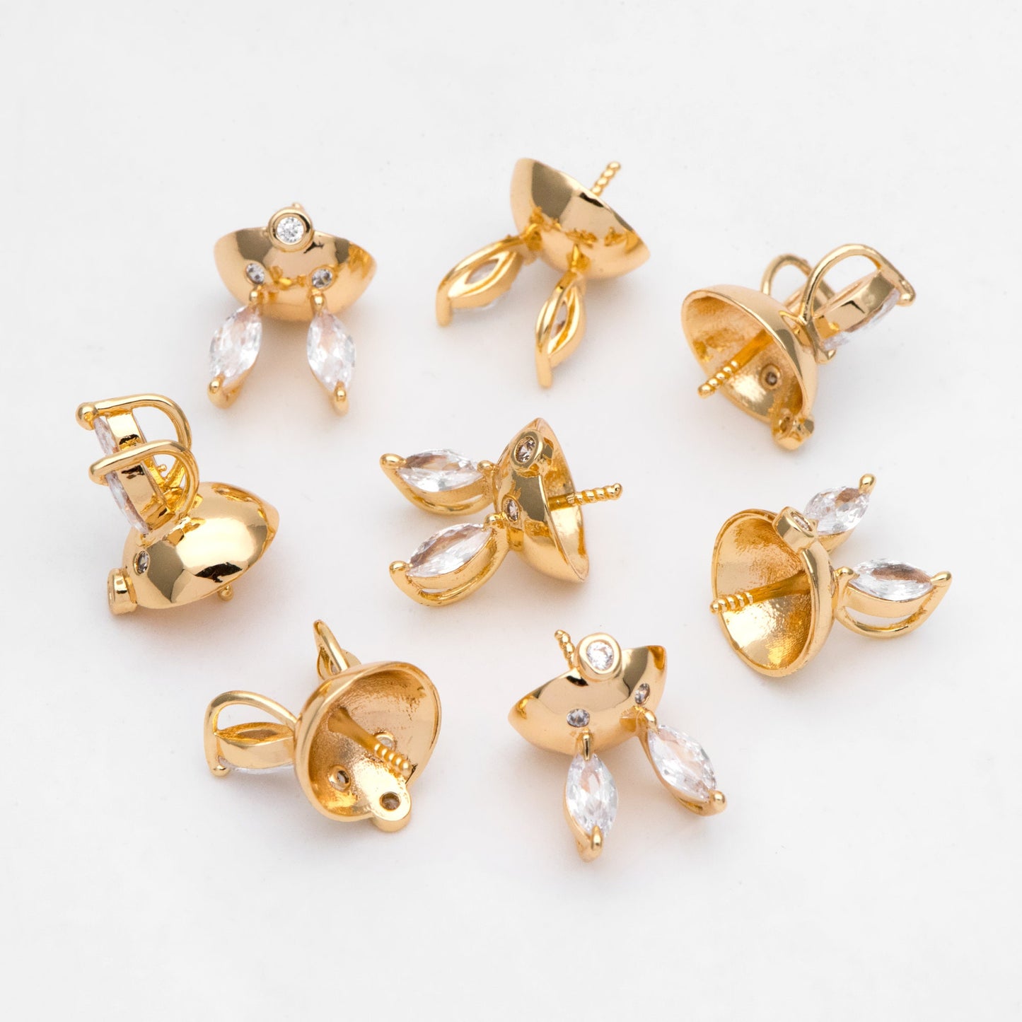 4pcs CZ Pave Gold Rabbit Bead Caps, Real Gold plated Brass, Peg For Half Drilled Pearl Mounts, Peg Pearl Findings (GB-3163)