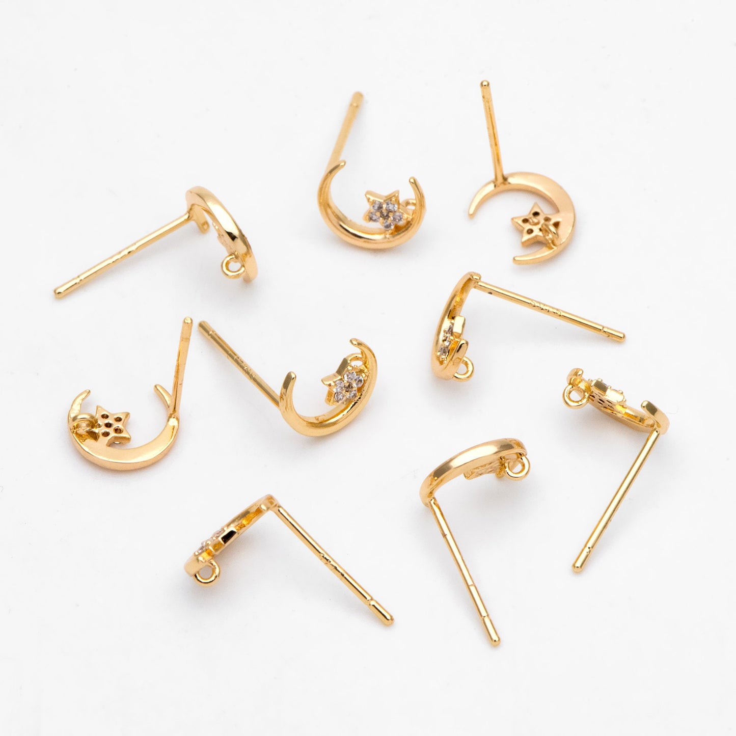 4pcs CZ Pave Moon and Star Ear Posts, Real Gold Plated Brass Stud Earrings (#GB-3167)