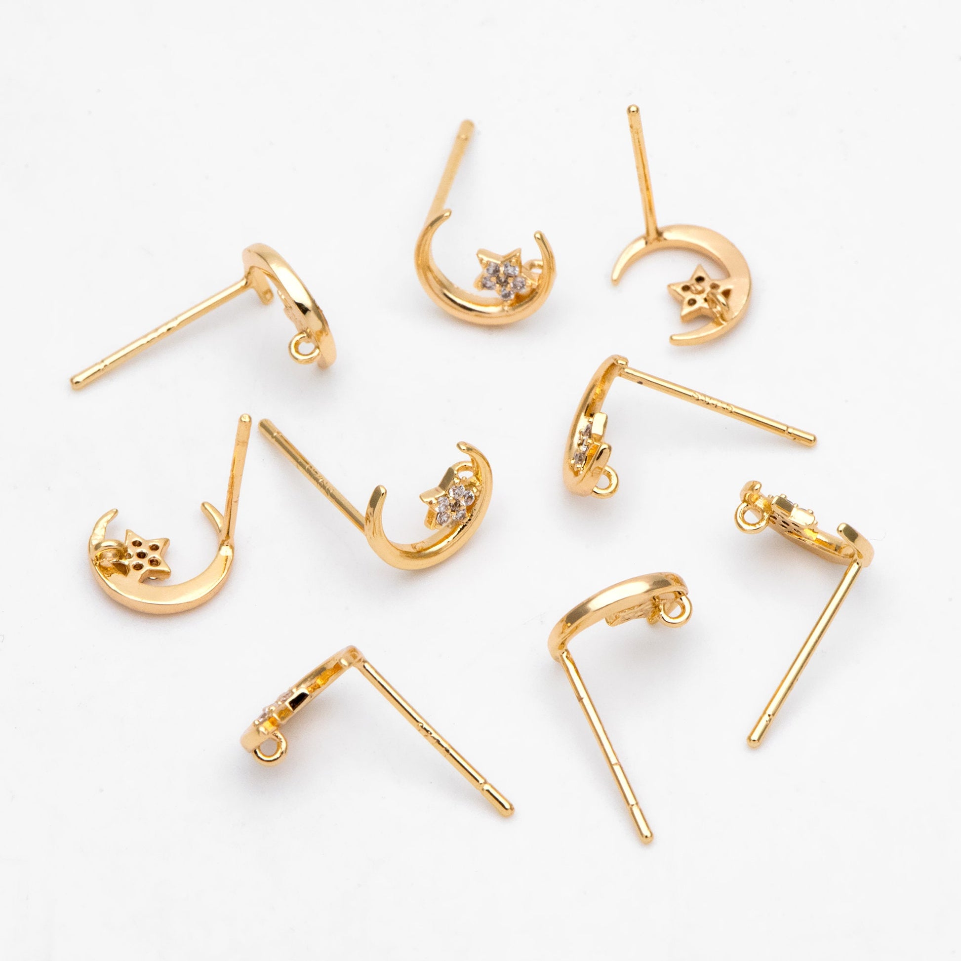 4pcs CZ Pave Moon and Star Ear Posts, Real Gold Plated Brass Stud Earrings (#GB-3167)