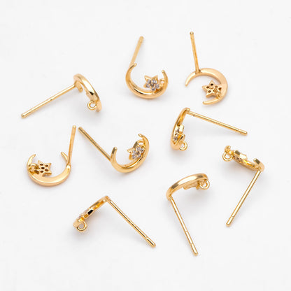 4pcs CZ Pave Moon and Star Ear Posts, Real Gold Plated Brass Stud Earrings (#GB-3167)