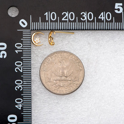 4pcs CZ Pave Moon and Star Ear Posts, Real Gold Plated Brass Stud Earrings (#GB-3167)