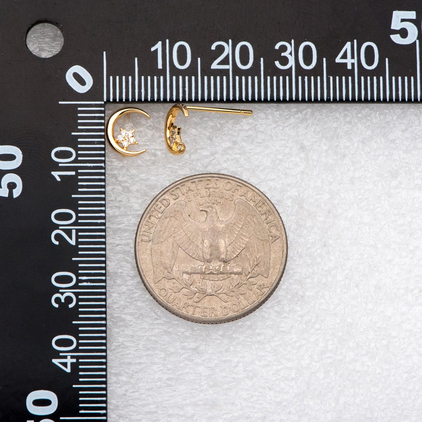 4pcs CZ Pave Moon and Star Ear Posts, Real Gold Plated Brass Stud Earrings (#GB-3167)