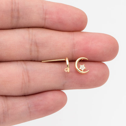 4pcs CZ Pave Moon and Star Ear Posts, Real Gold Plated Brass Stud Earrings (#GB-311-G)