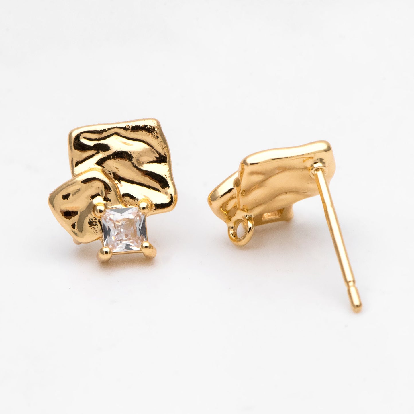 4pcs CZ Pave Rough Square Stud Earring With Loop, Real Gold/ Rhodium Plated Brass Geometric Earring Studs (GB-3169)