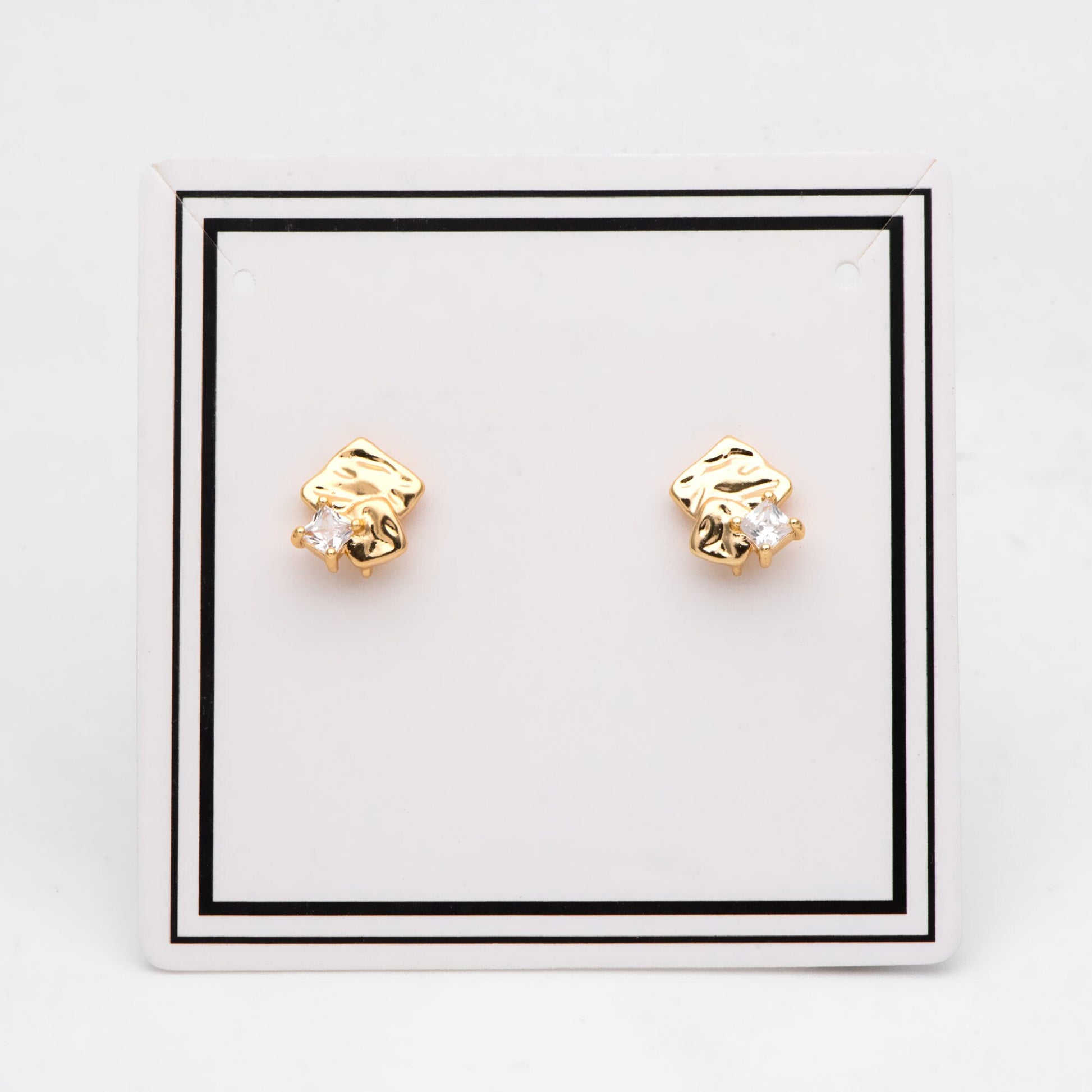 4pcs CZ Pave Rough Square Stud Earring With Loop, Real Gold/ Rhodium Plated Brass Geometric Earring Studs (GB-3169)