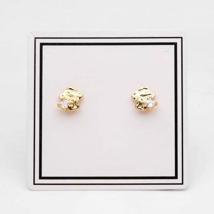 4pcs CZ Pave Rough Square Stud Earring With Loop, Real Gold/ Rhodium Plated Brass Geometric Earring Studs (GB-3169)