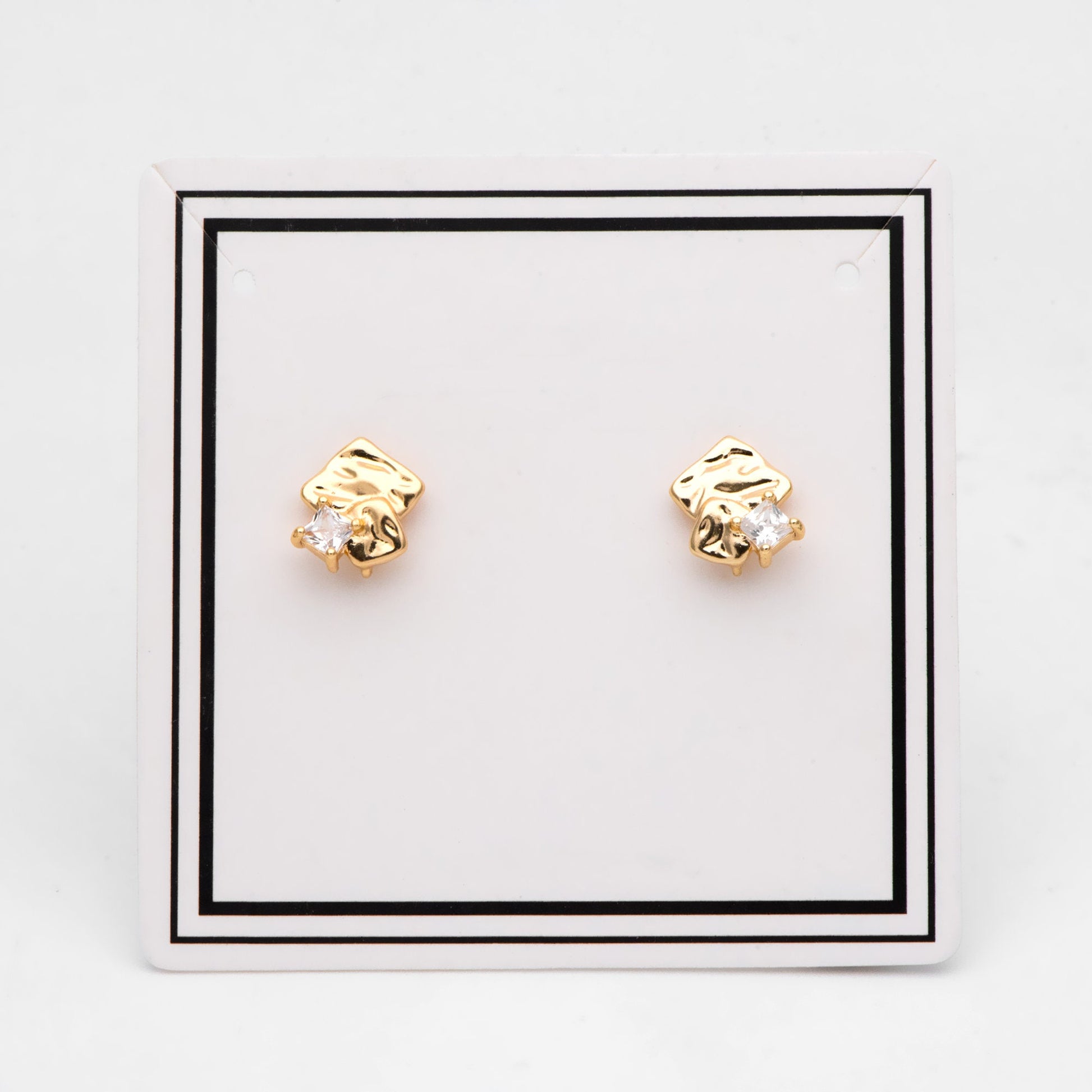 4pcs CZ Pave Rough Square Stud Earring With Loop, Real Gold/ Rhodium Plated Brass Geometric Earring Studs (GB-3169)
