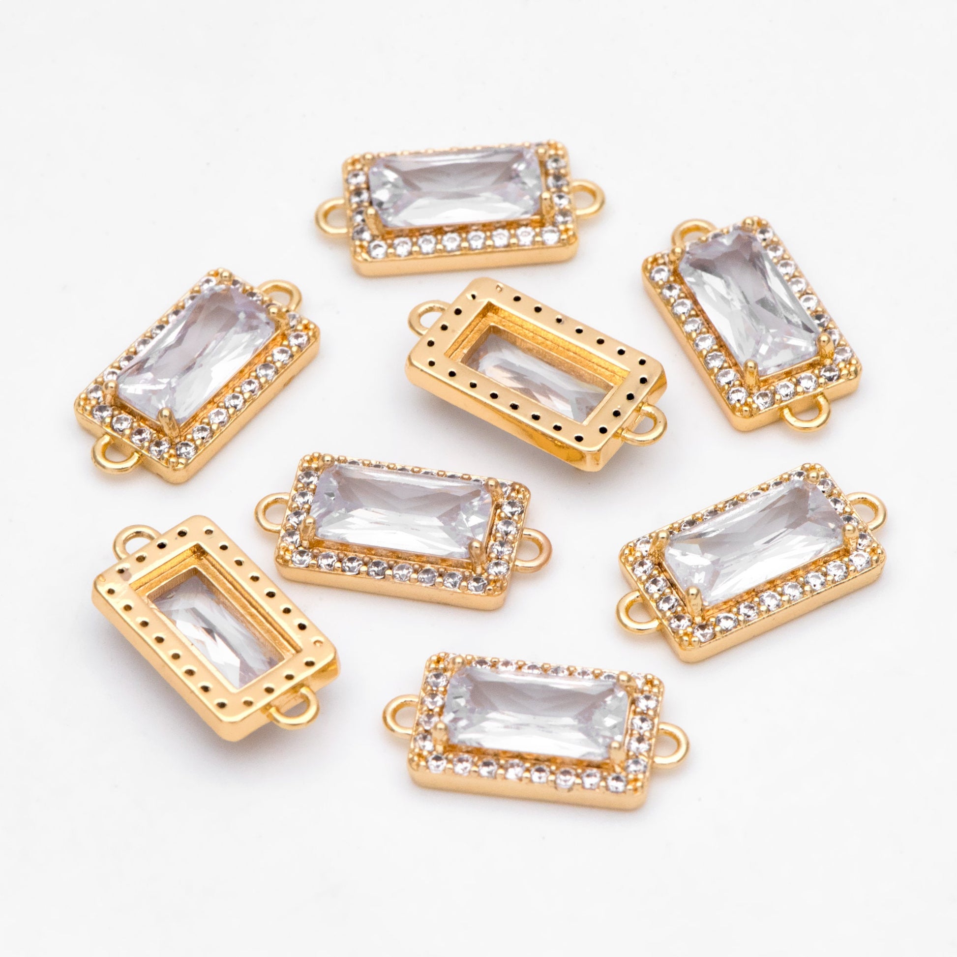4pcs CZ pave Gold Rectangle Charms, 17x8mm, 18K Gold plated Brass Geometric Connectors (GB-3230)