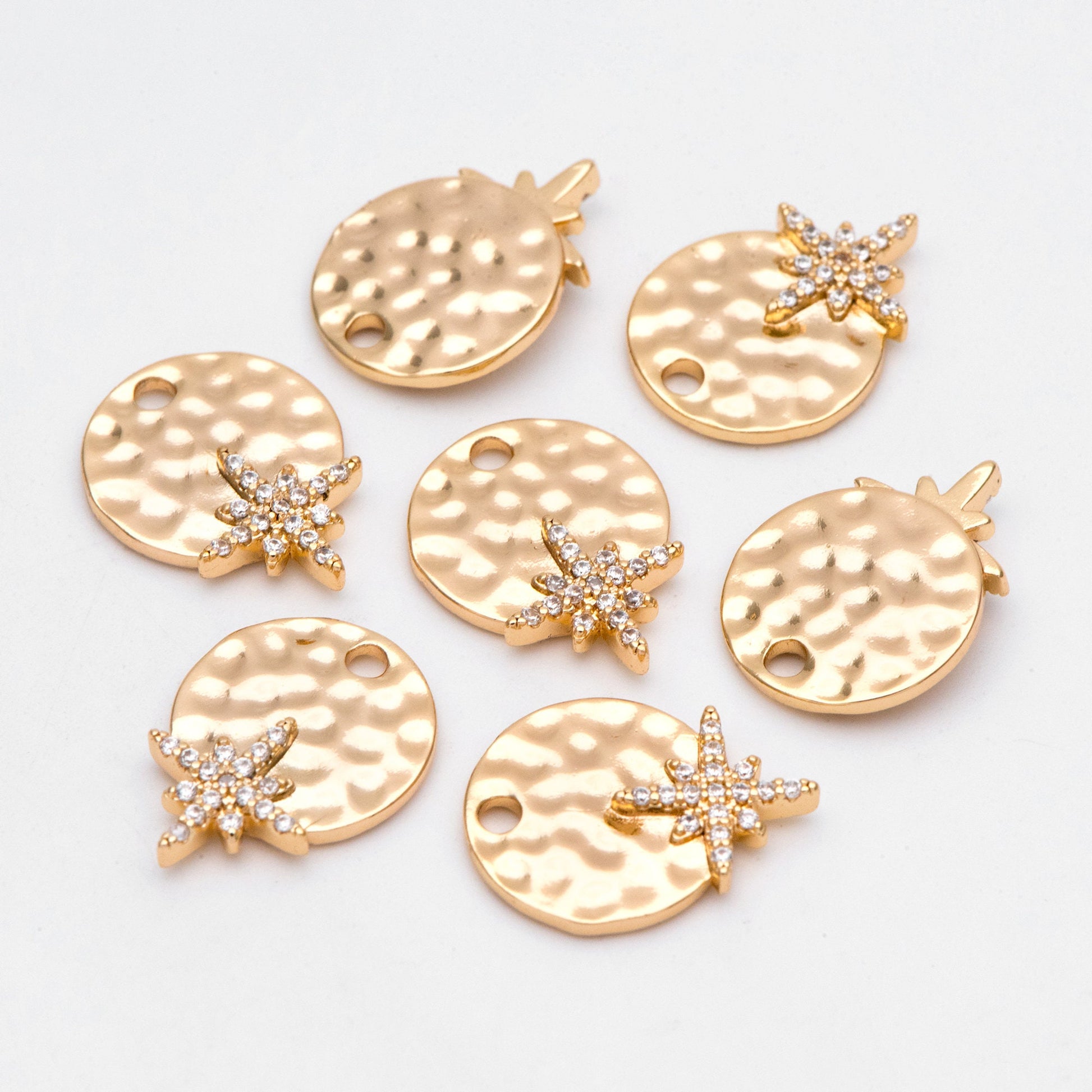 4pcs CZ Pave Gold North Star Charms 17x13mm, Hammered Round Disc Pendants (GB-3464-H)