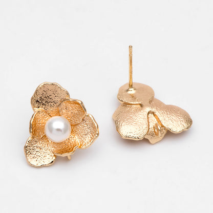 10pcs Gold Rough Flower Ear Posts 15x15mm, Pearl Peg Earring Mounts, Foral Stud Earrings with Peg (GB-3212)