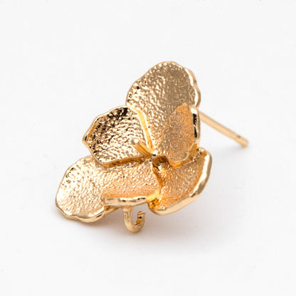 10pcs Gold Rough Flower Ear Posts 15x15mm, Pearl Peg Earring Mounts, Foral Stud Earrings with Peg (GB-3212)