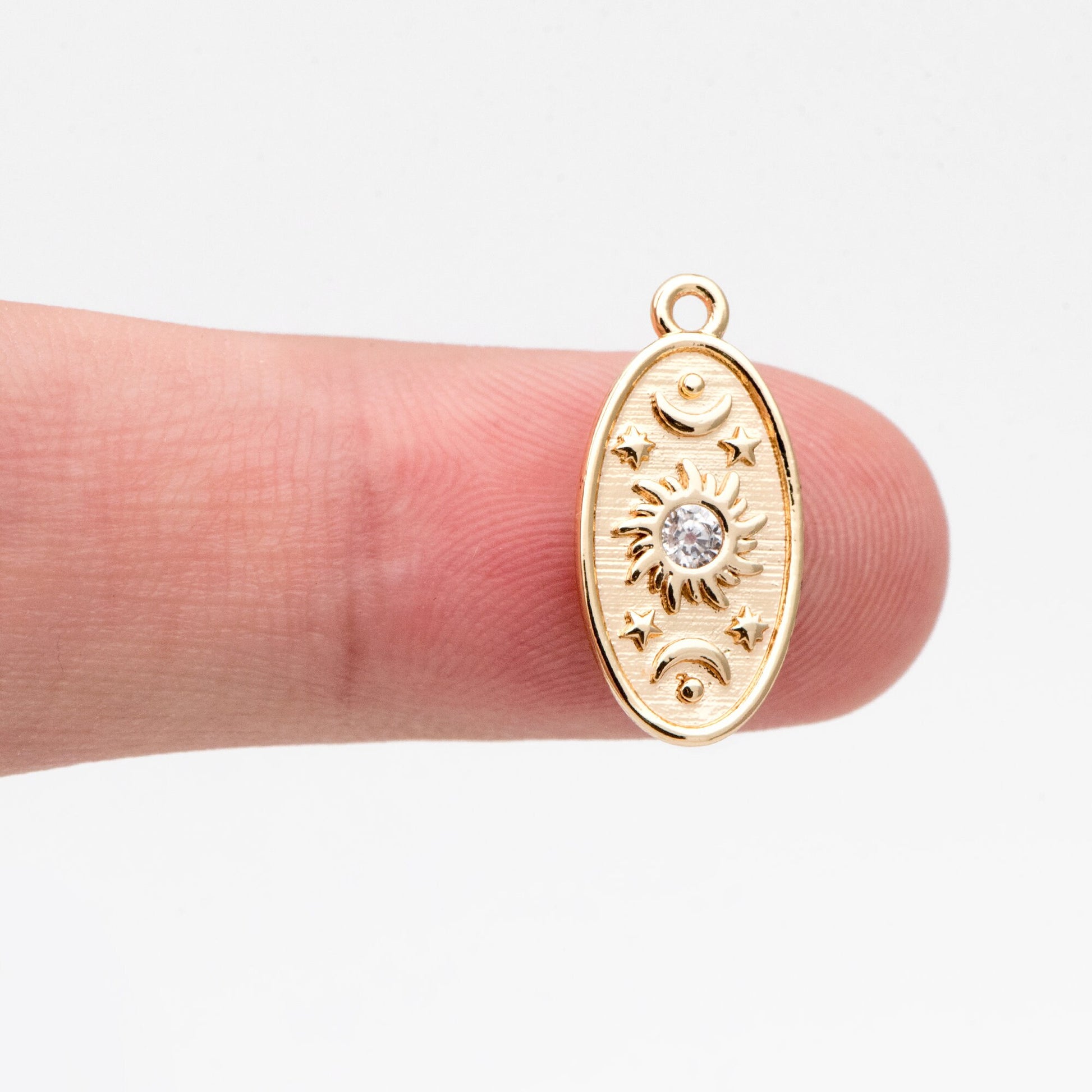 4pcs CZ Pave Gold Oval Charms, Sun Moon and Star Pendants (GB-3222)