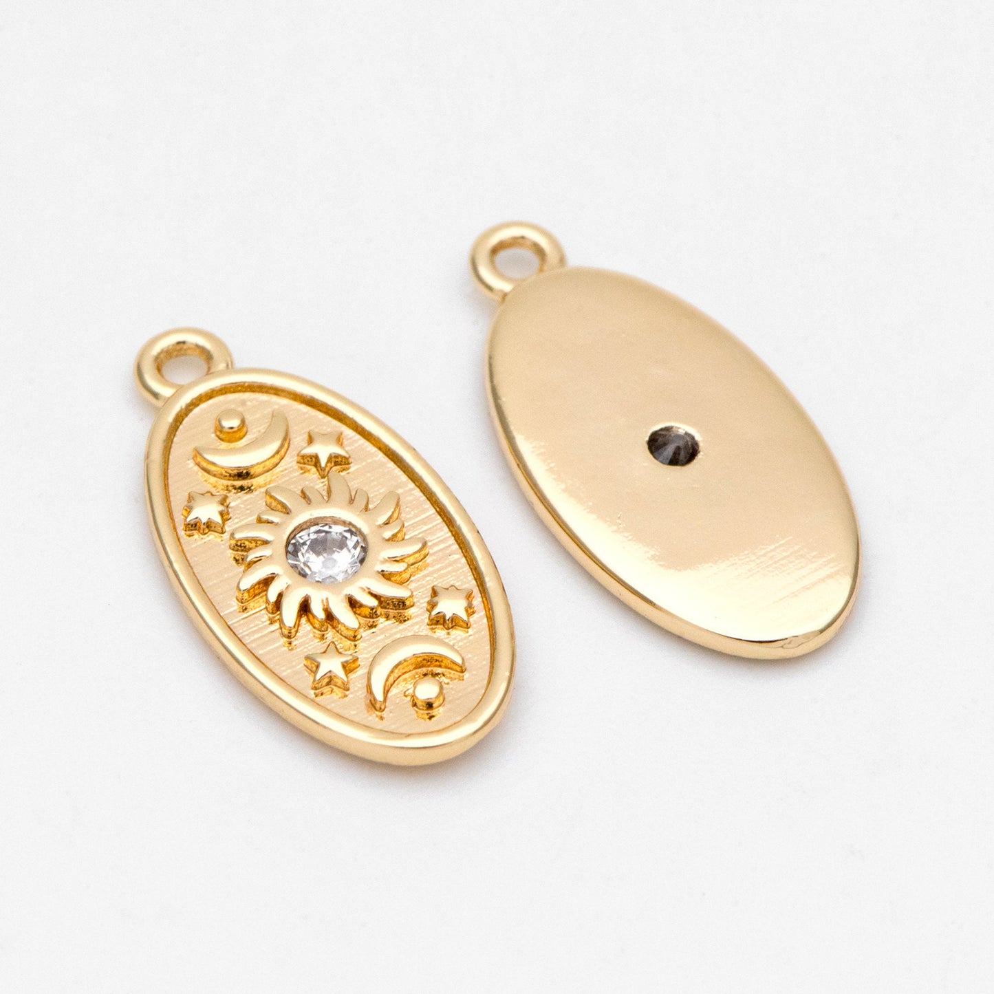 4pcs CZ Pave Gold Oval Charms, Sun Moon and Star Pendants (GB-3222)