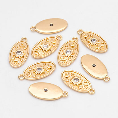 4pcs CZ Pave Gold Oval Charms, Sun Moon and Star Pendants (GB-3222)