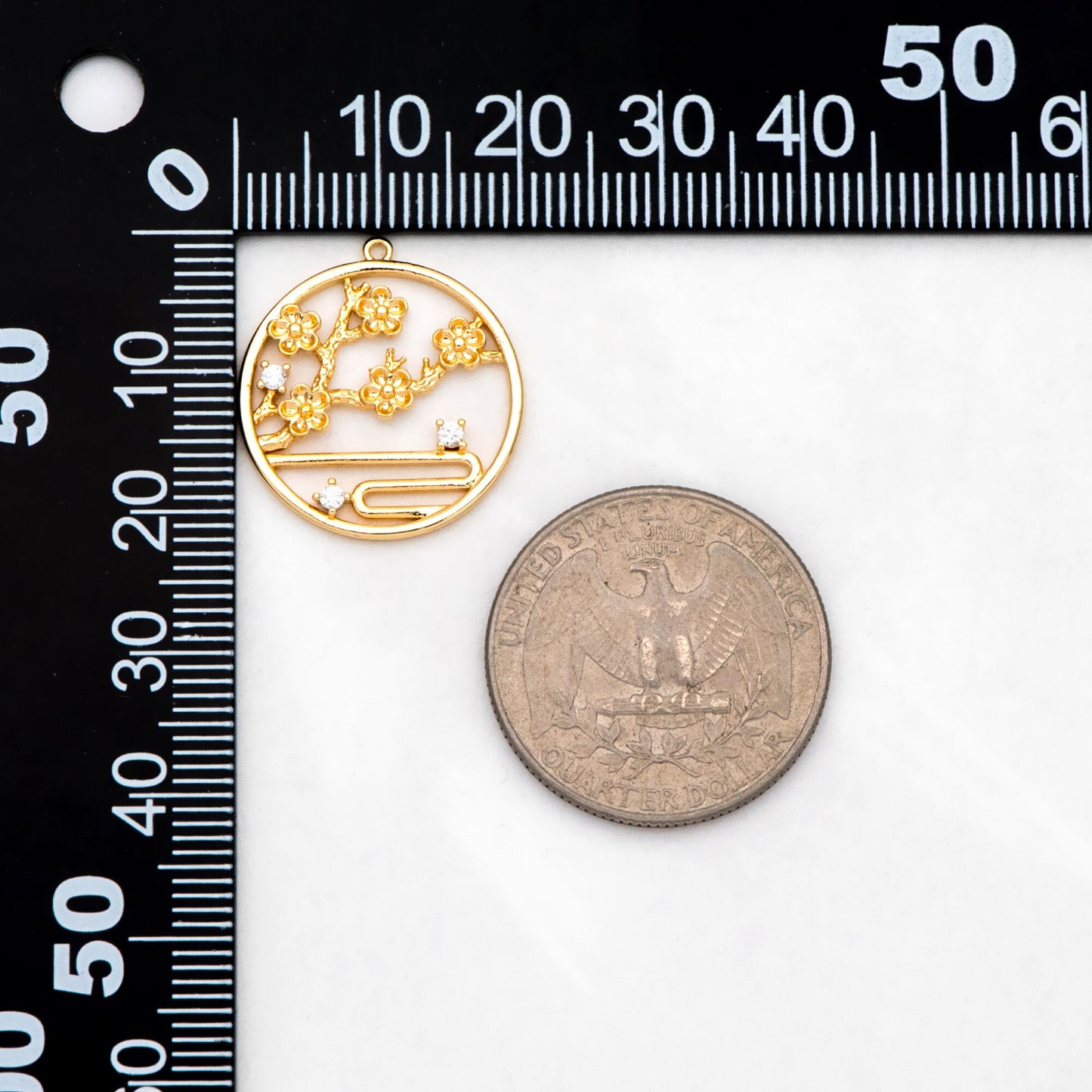 4pcs CZ Pave Gold Round Flower Charms, 18K Gold plated Brass, Branch Pendants (GB-3118-G)