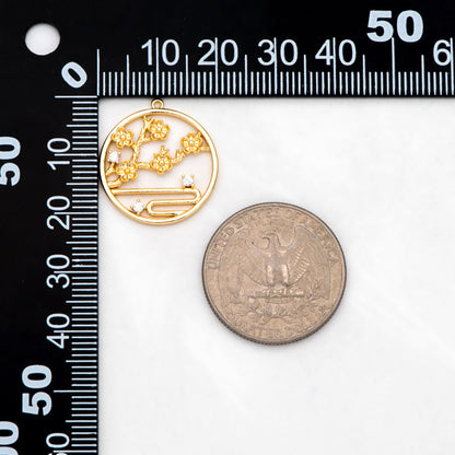 4pcs CZ Pave Gold Round Flower Charms, 18K Gold plated Brass, Branch Pendants (GB-3118-G)