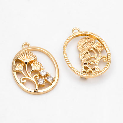4pcs CZ Pave Gold Oval Flower Charms, Earring Findings, Jewelry Making, Diy Material, Jewelry Supplies (GB-3118-H)