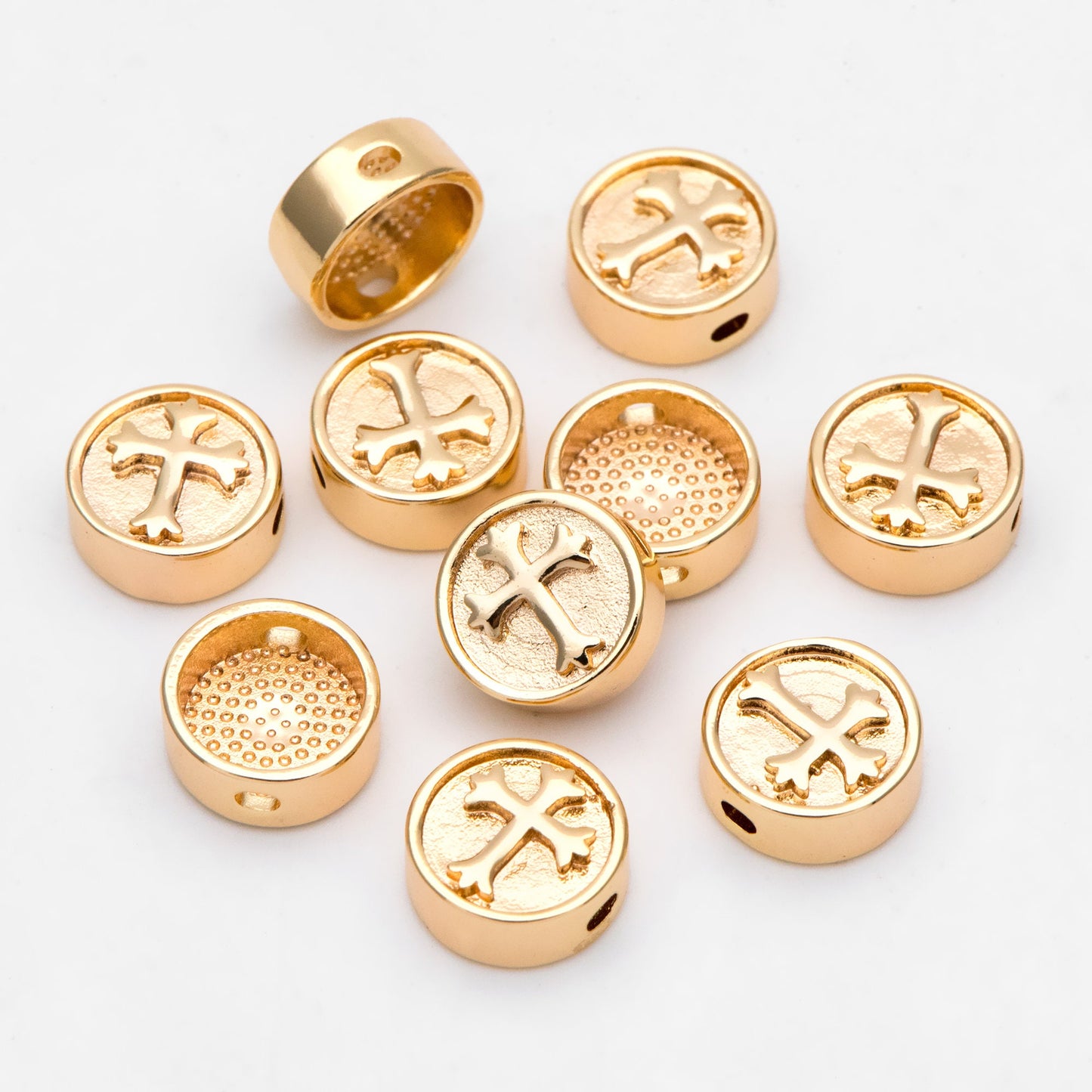 10pcs Gold Round Cross Spacer Beads 10mm, Real Gold plated Brass Spacer Beads (GB-3185)