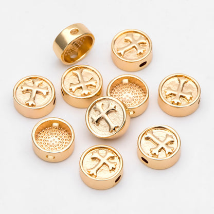 10pcs Gold Round Cross Spacer Beads 10mm, Real Gold plated Brass Spacer Beads (GB-3185)