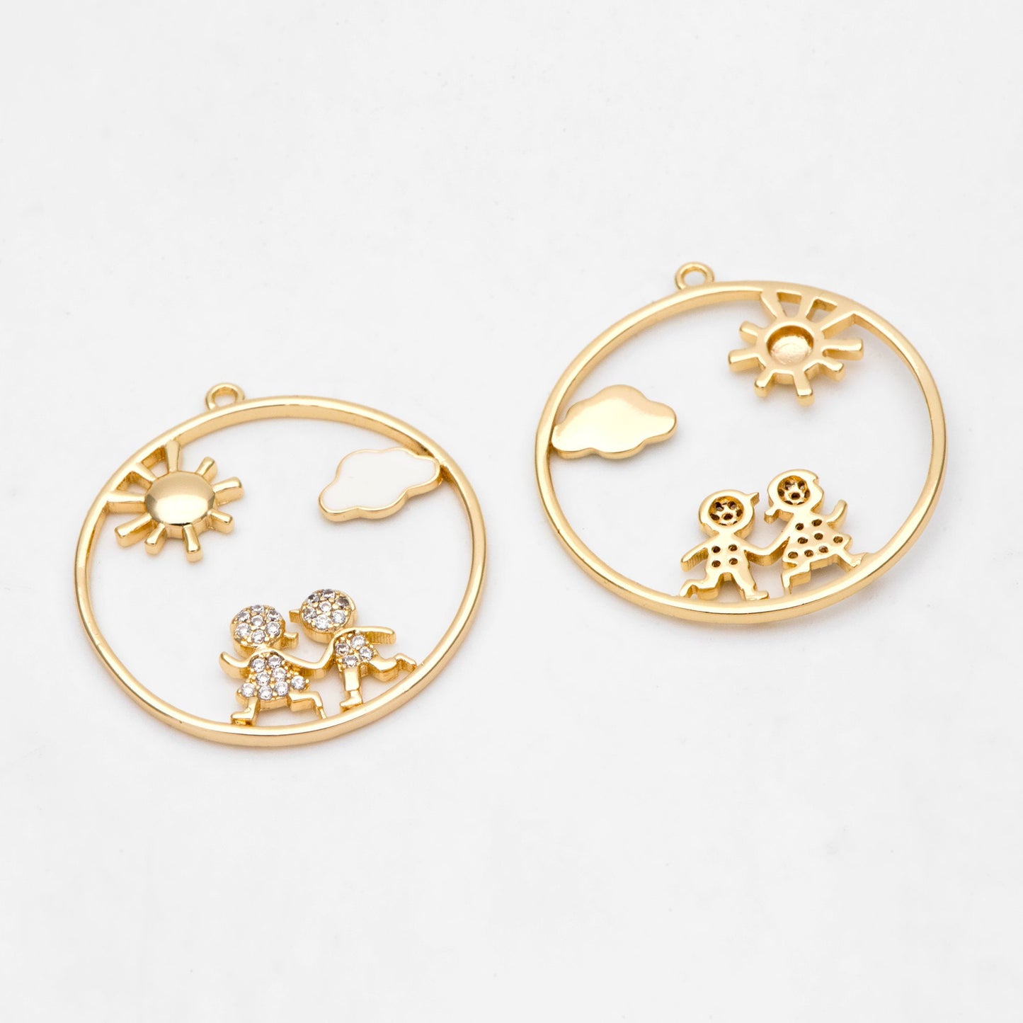 4pcs CZ Pave Gold Round Boy and Girl Charms, 18K Gold plated Brass, Sun Cloud Pendants (GB-3186)