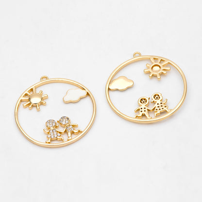 4pcs CZ Pave Gold Round Boy and Girl Charms, 18K Gold plated Brass, Sun Cloud Pendants (GB-3186)