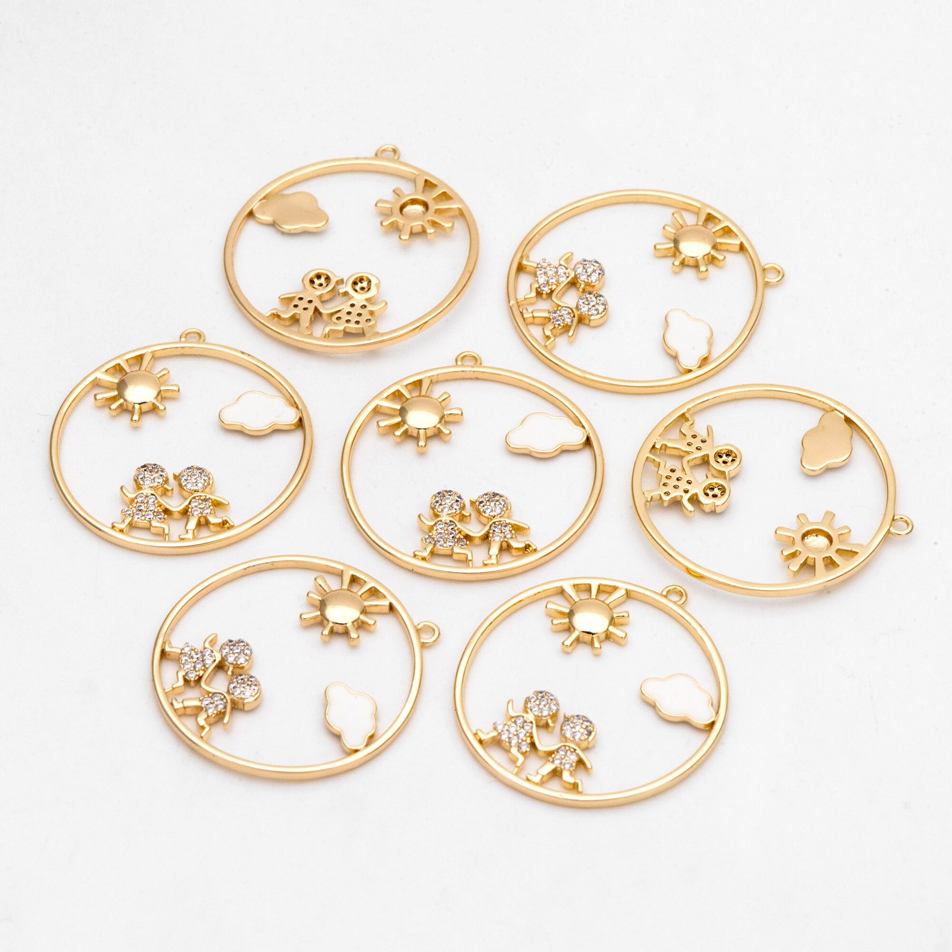 4pcs CZ Pave Gold Round Boy and Girl Charms, 18K Gold plated Brass, Sun Cloud Pendants (GB-3186)