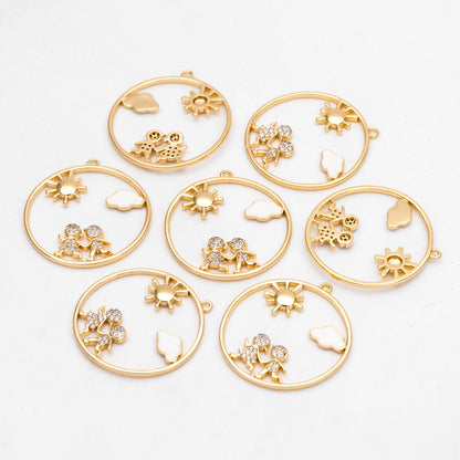 4pcs CZ Pave Gold Round Boy and Girl Charms, 18K Gold plated Brass, Sun Cloud Pendants (GB-3186)