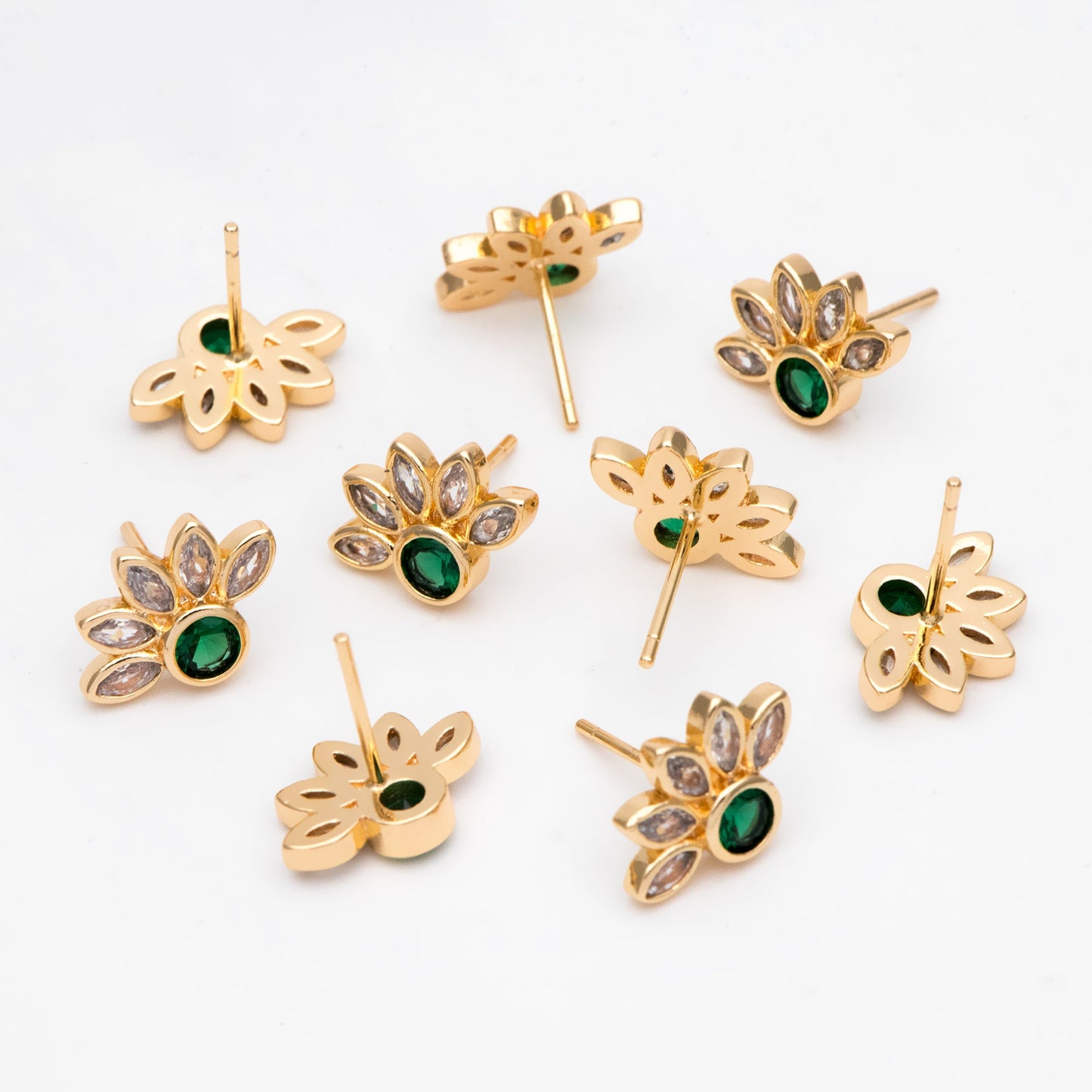 4pcs CZ Pave Gold Emerald Flower Earrings 14x10mm, Gold Plated Brass Flower Stud Earrings (GB-3128)