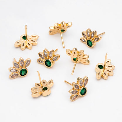 4pcs CZ Pave Gold Emerald Flower Earrings 14x10mm, Gold Plated Brass Flower Stud Earrings (GB-3128)