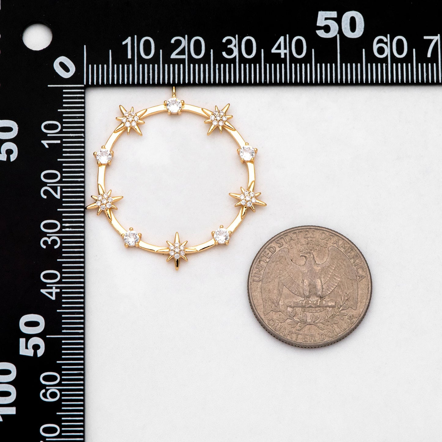 4pcs CZ pave Gold/ Silver Star Ring Pendants 37x35mm, 18K Gold/ Rhodium plated Brass, Rhinestone Round Loop Circle Charms (GB-1048-H)
