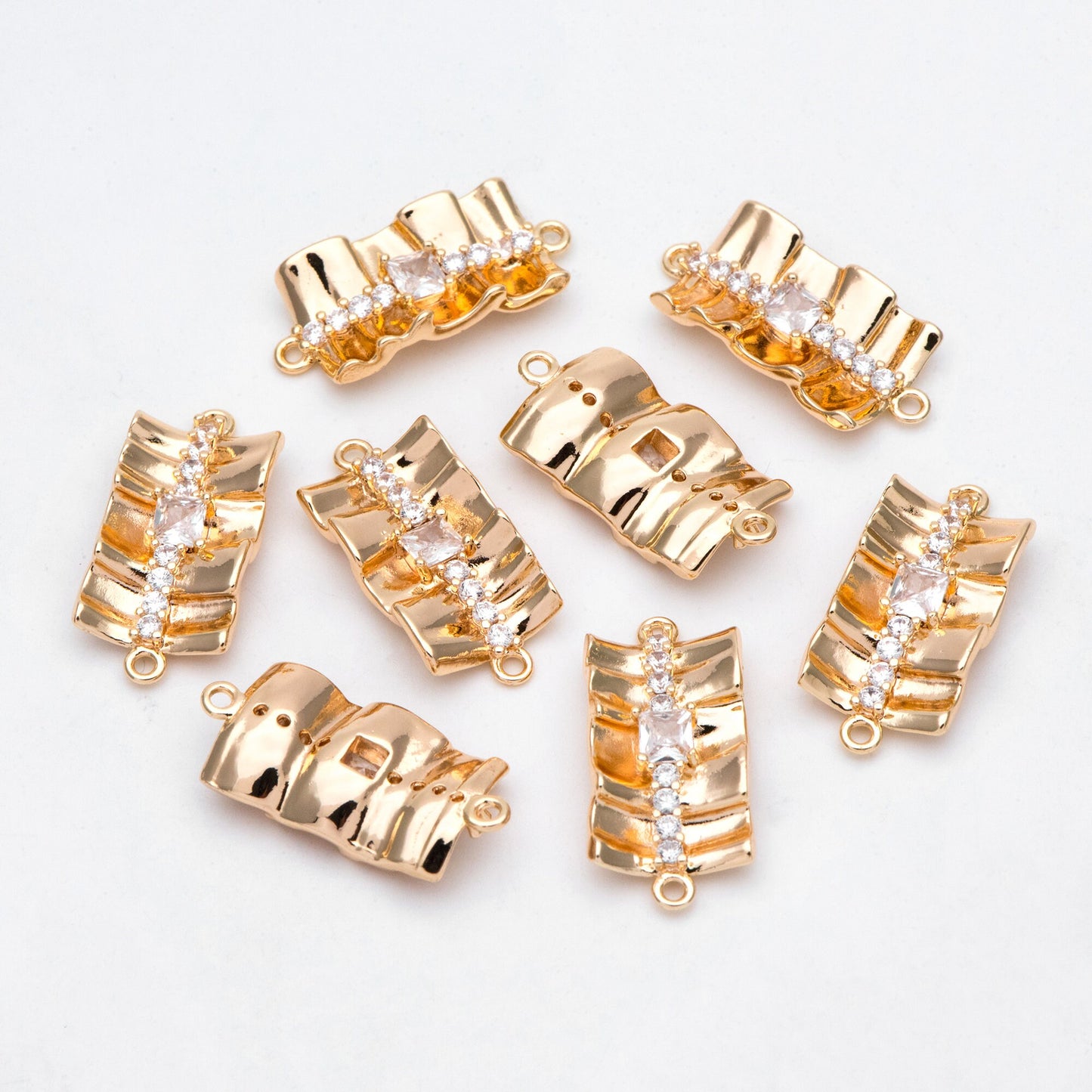 4pcs Gold plated Brass Curved Rectangle Link Charms, CZ Pave Connector Pendants (GB-3135)
