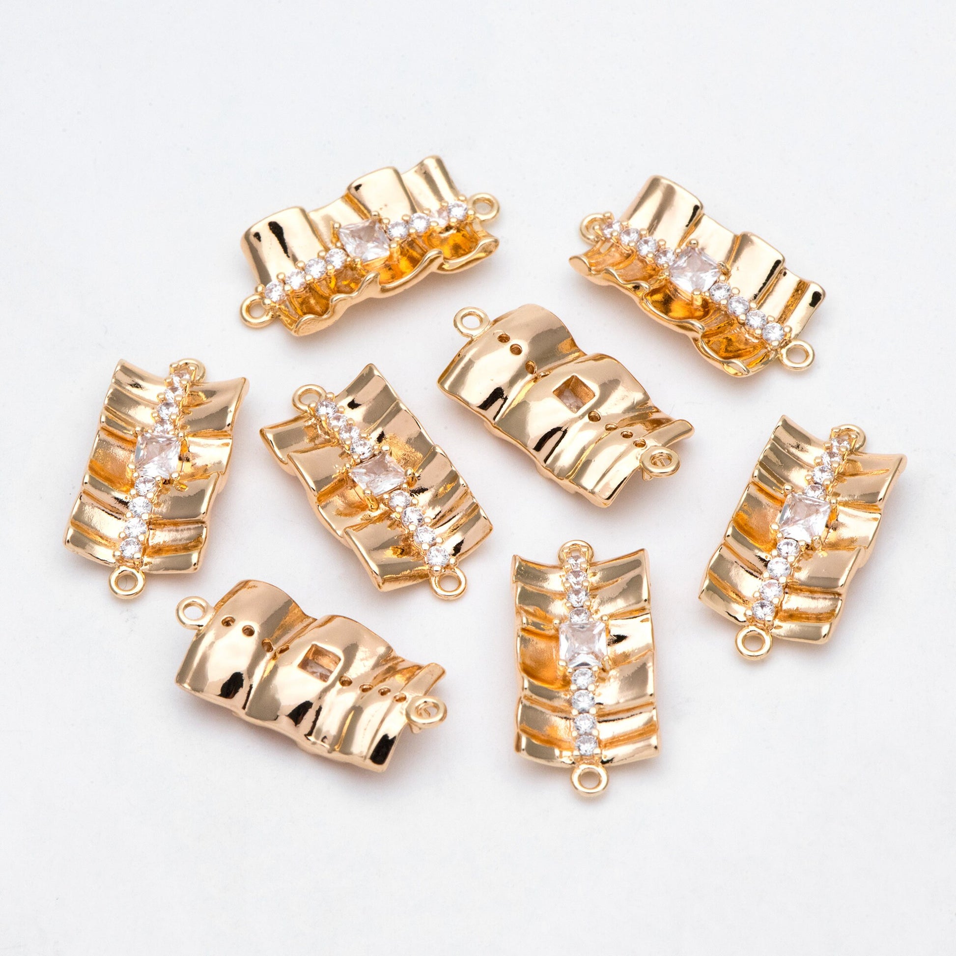 4pcs Gold plated Brass Curved Rectangle Link Charms, CZ Pave Connector Pendants (GB-3135)