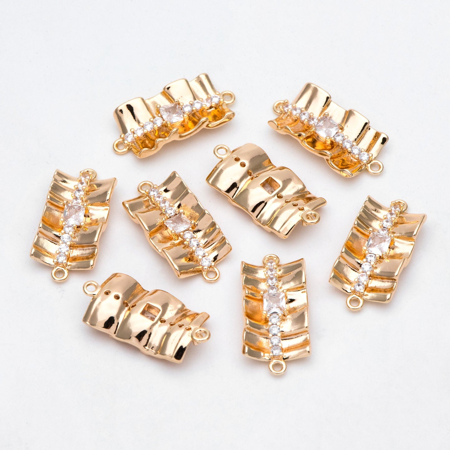 4pcs Gold plated Brass Curved Rectangle Link Charms, CZ Pave Connector Pendants (GB-3135)