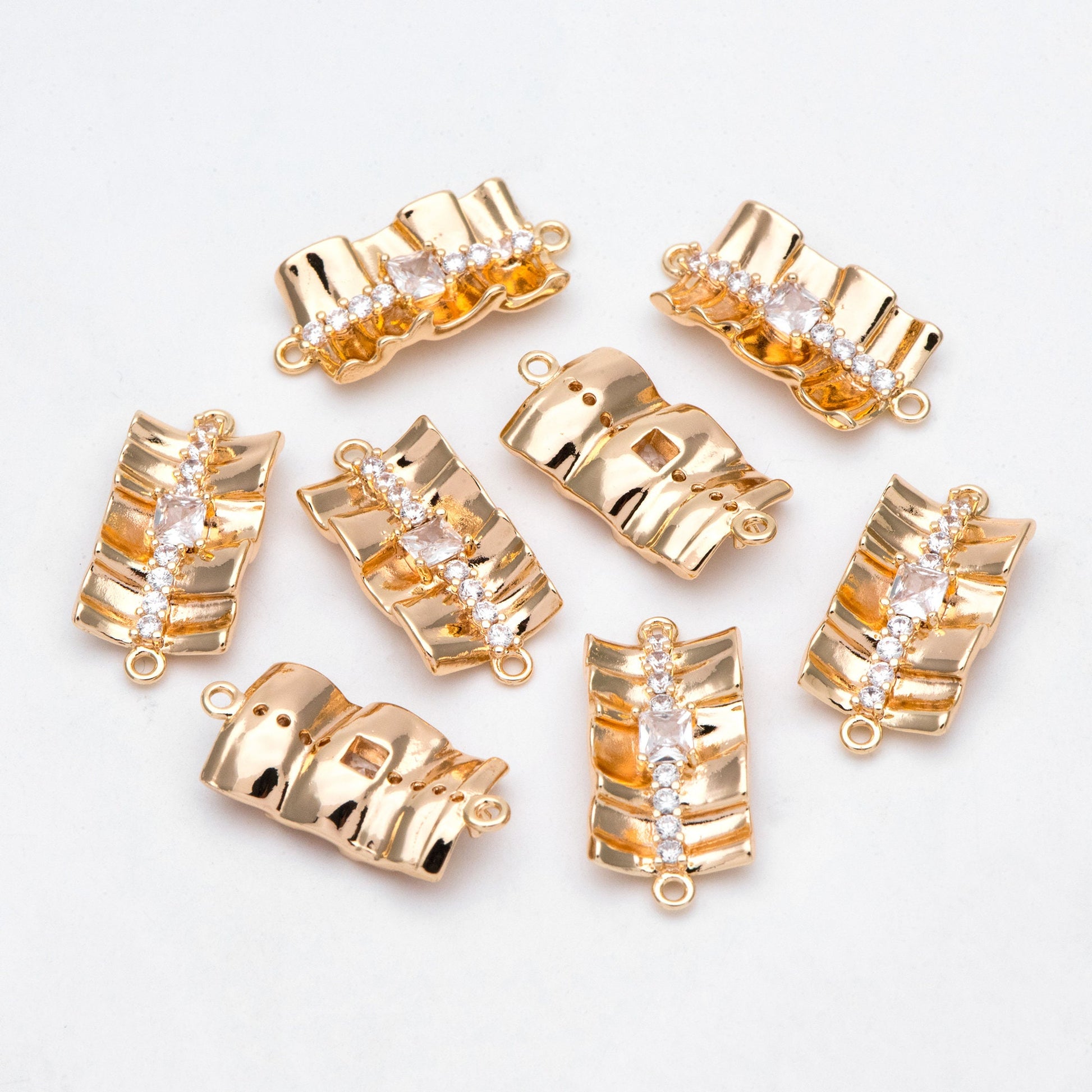 4pcs Gold plated Brass Curved Rectangle Link Charms, CZ Pave Connector Pendants (GB-3135)